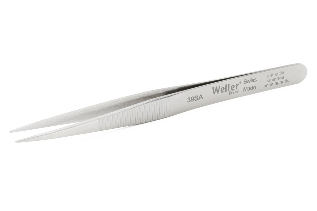 SMD tweezers with round tips, dia. 0.3 mm/.011 Inch. Serrated finger grips for secure handling. For gripping small wires and cylindrical components.