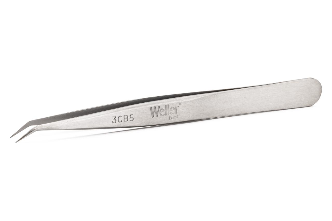 Precision tweezers, curved 40°, with pointed tips, for precision work such as assembly on printed-circuit boards.