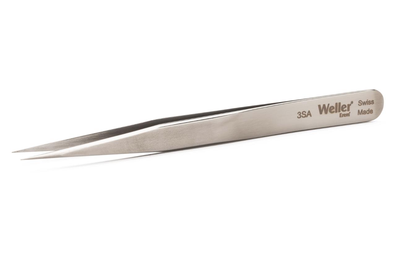 Precision tweezers with pointed tips for work in microelectronics.