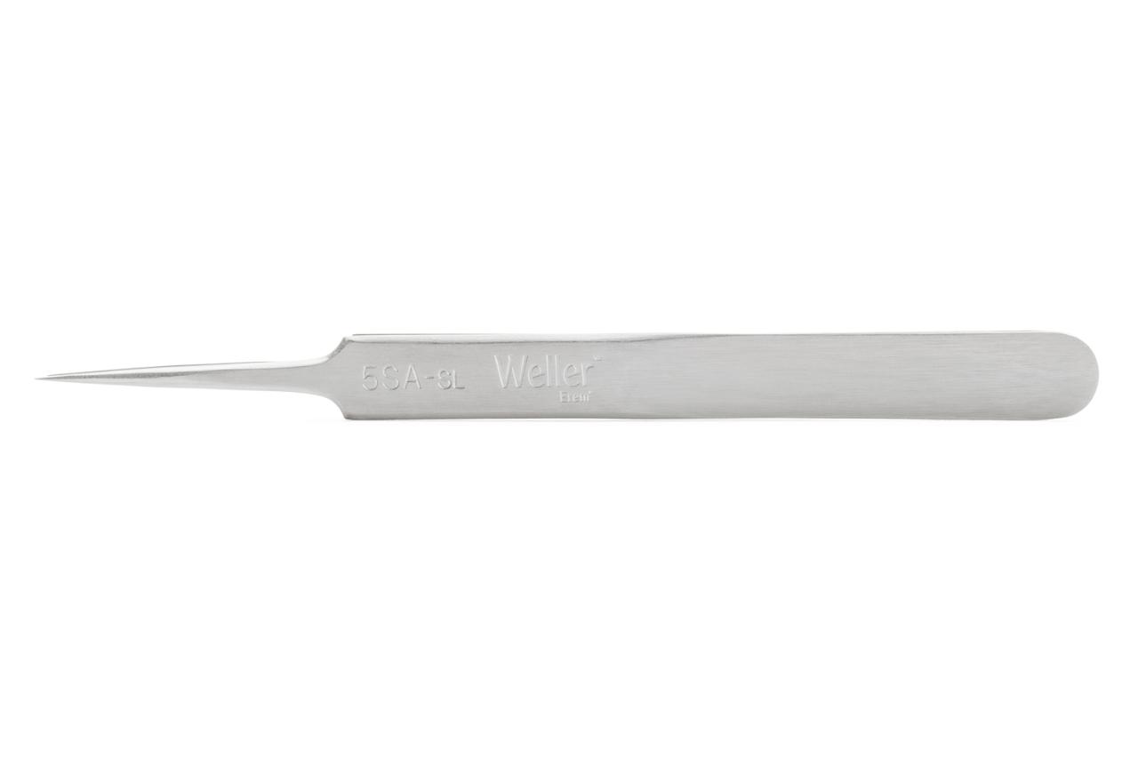 Precision tweezers with very pointed tips, suitable for very fine wires.