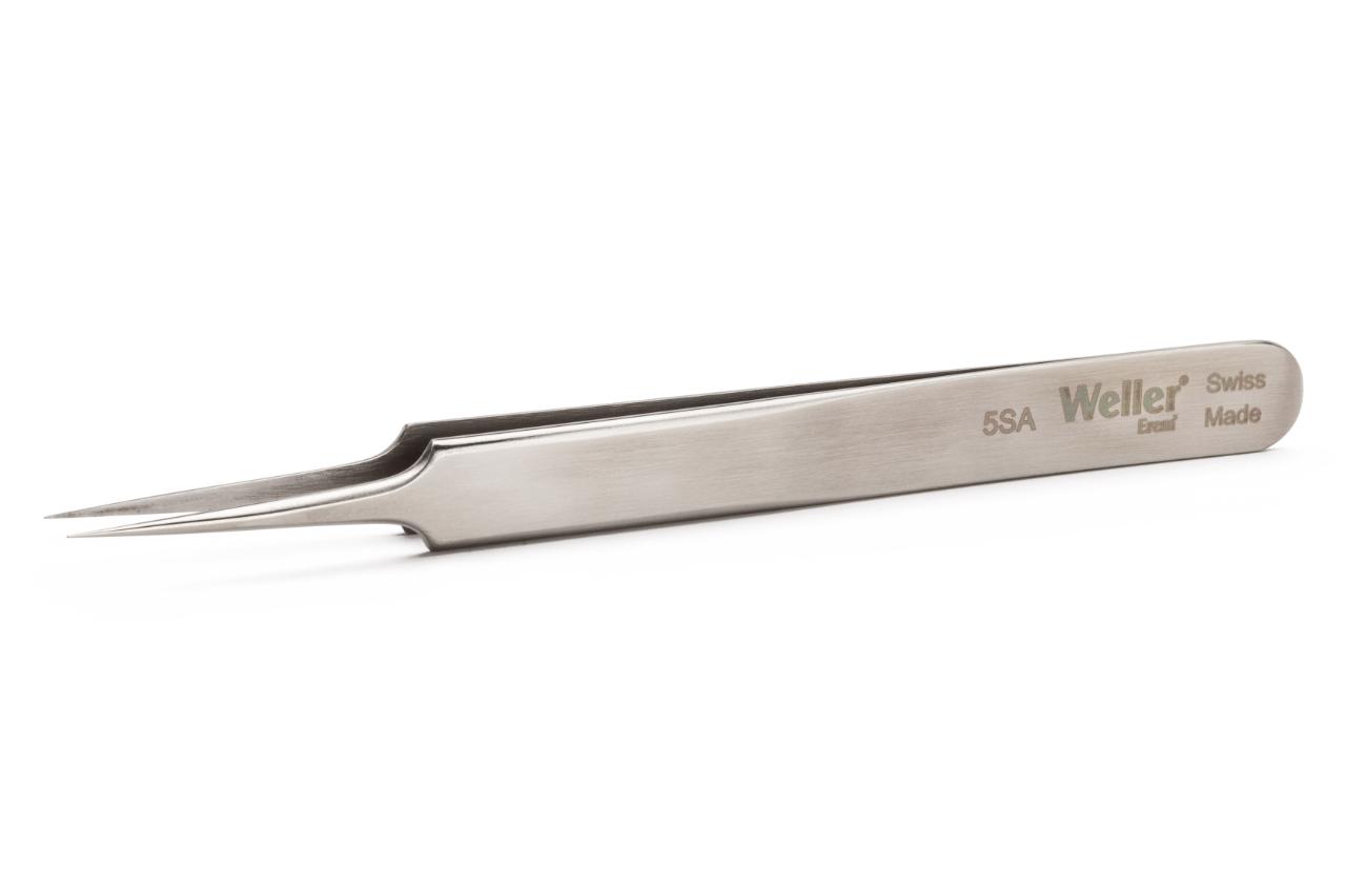 Precision tweezers with very pointed tips, suitable for very fine wires.