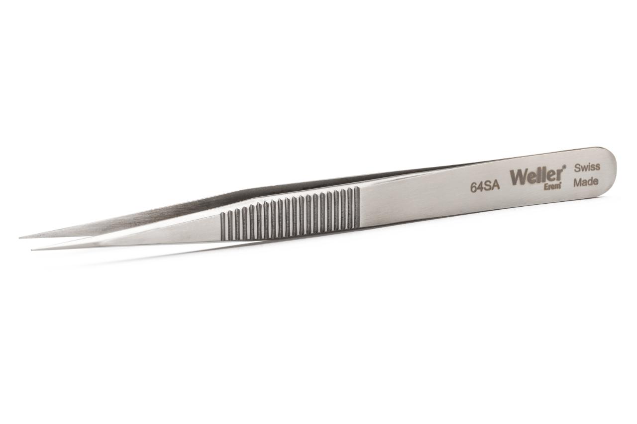 Precision tweezers with pointed tips and serrated finger grips for secure handling.