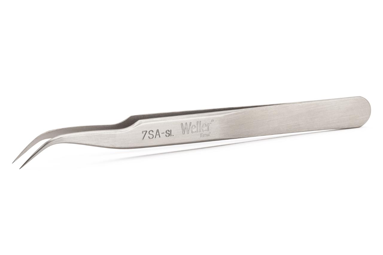 Precision tweezers, curved, relieved, with pointed tips.