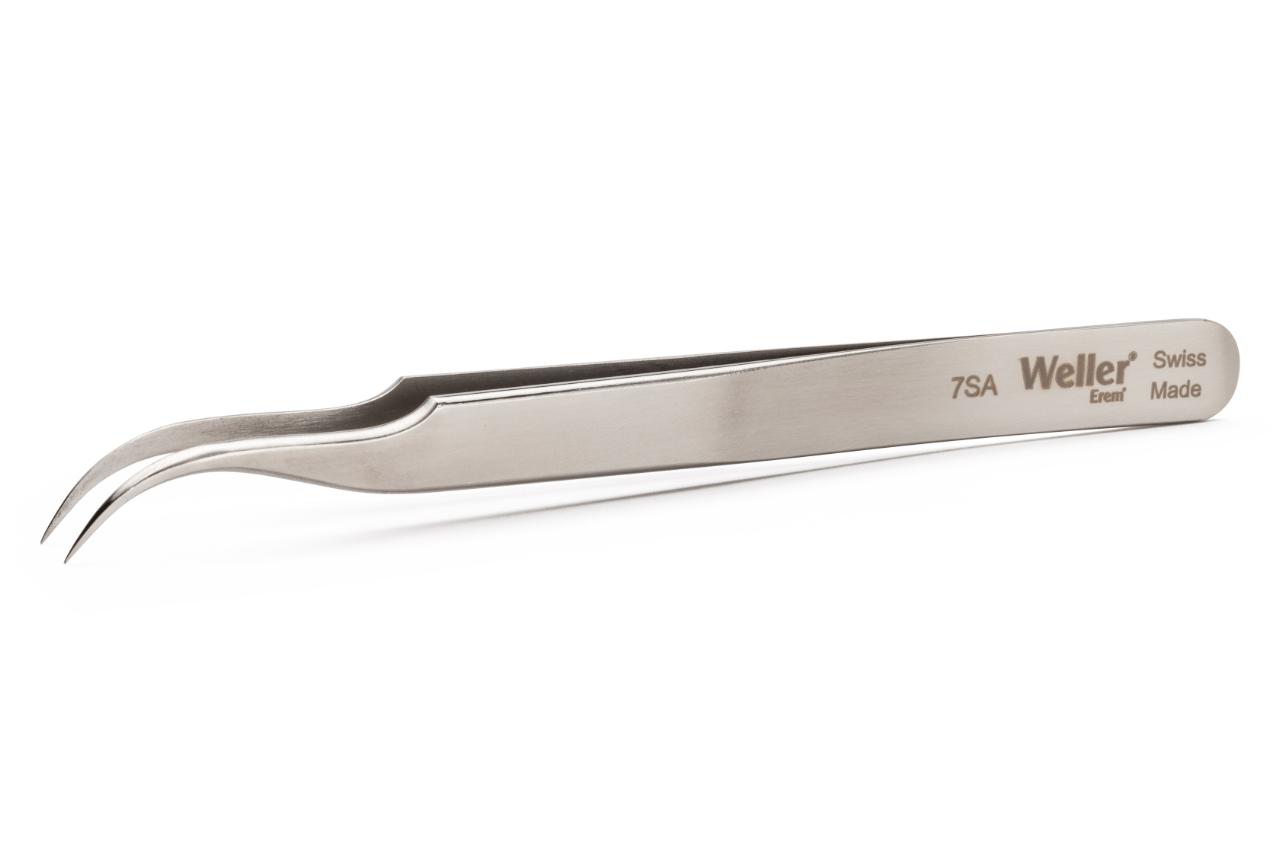 Precision tweezers, curved, relieved, with pointed tips. Excellent handling in confined spaces.