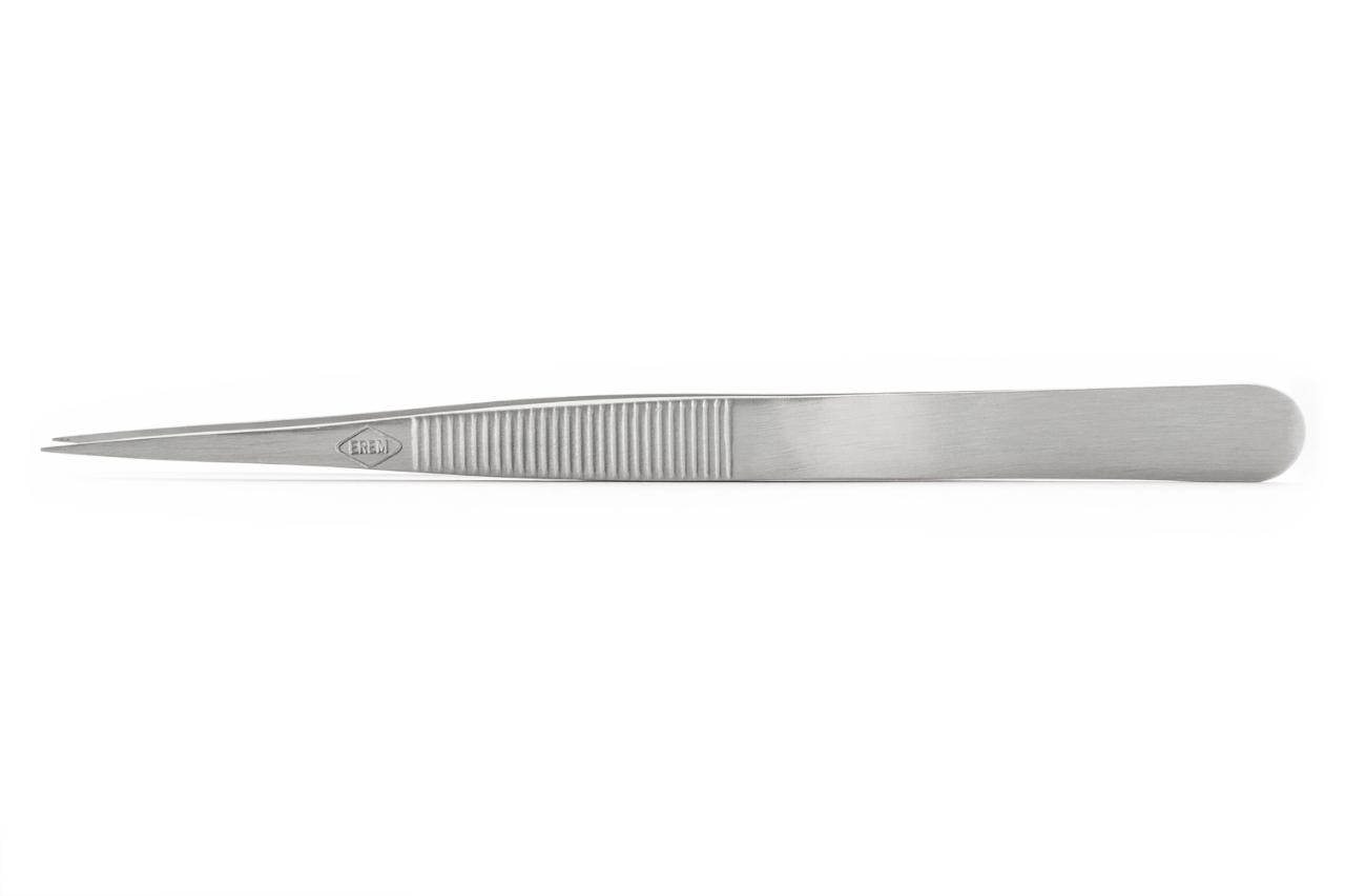 Precision tweezers with serrated finger grips for secure handling. For precise bending and holding of components or wires.