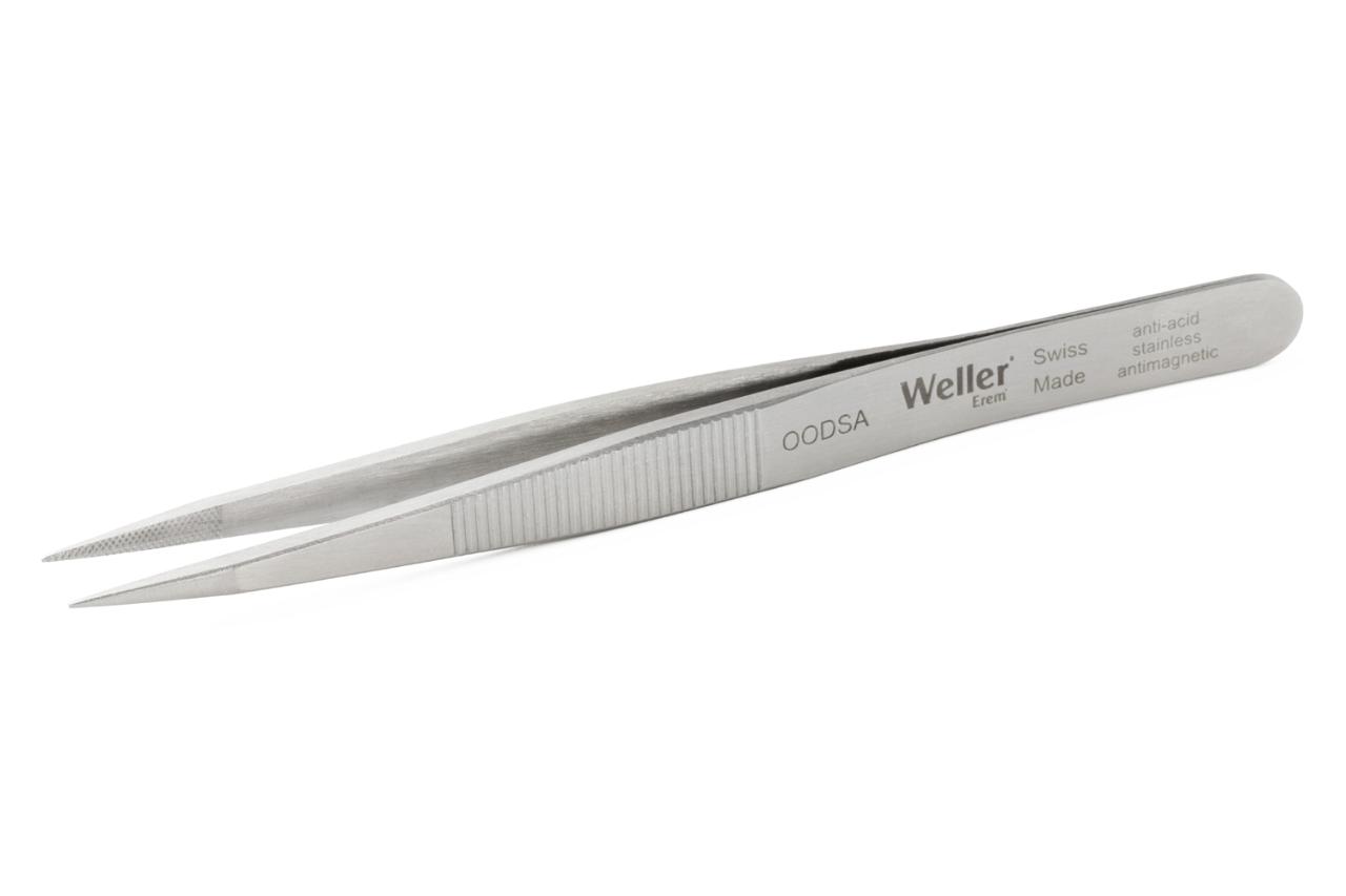 Precision tweezers with pointed tips. Very robust. Suitable for standard applications, e.g. for assembly in electronics.