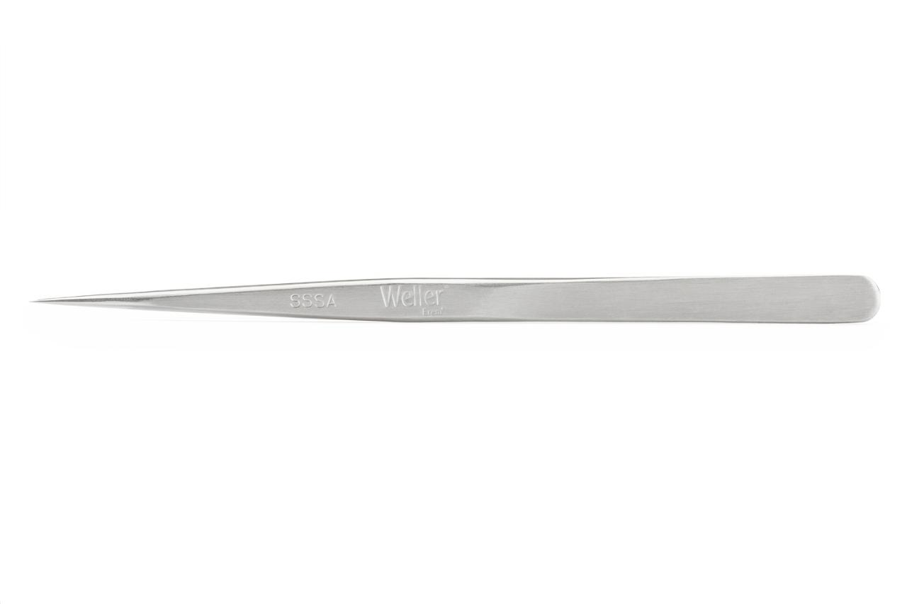 Precision tweezers with long, narrow grips and low tension, responds to minimal pressure