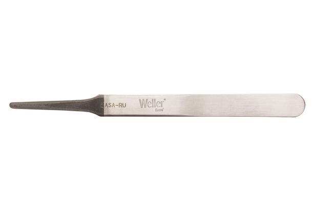 Precision tweezers with flat rounded tips for gripping components.