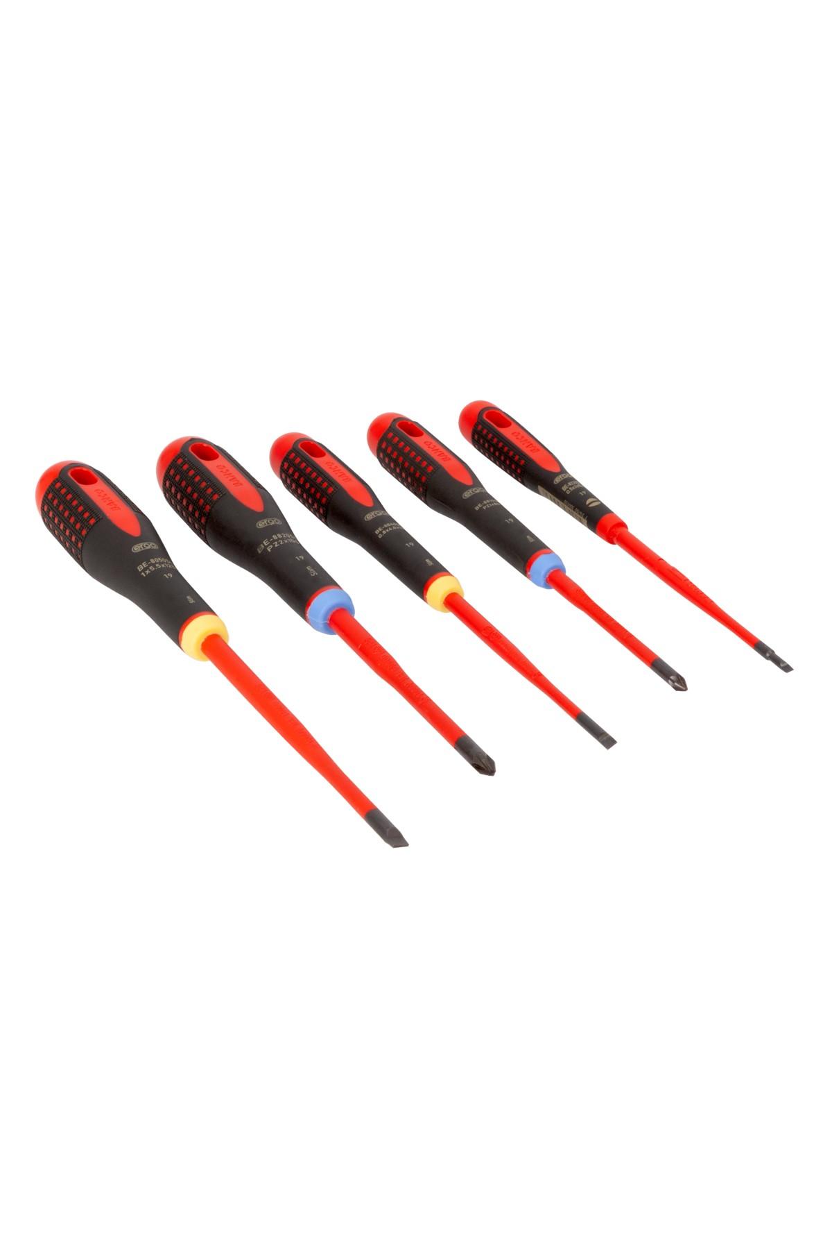 Slim VDE insulated screwdriver set straight slot and Pozidriv 5 parts