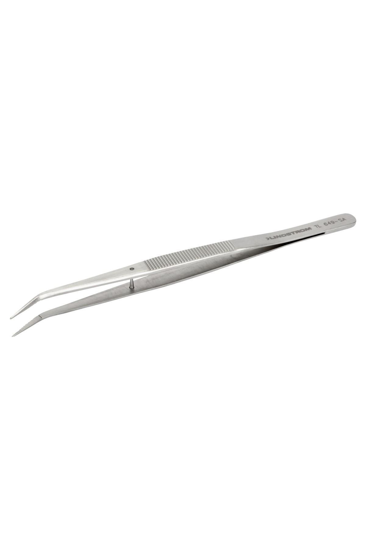 Lindström tweezers antimagnetic in stainless steel high precision with knurled fine bent tips and adjustment pin 154mm