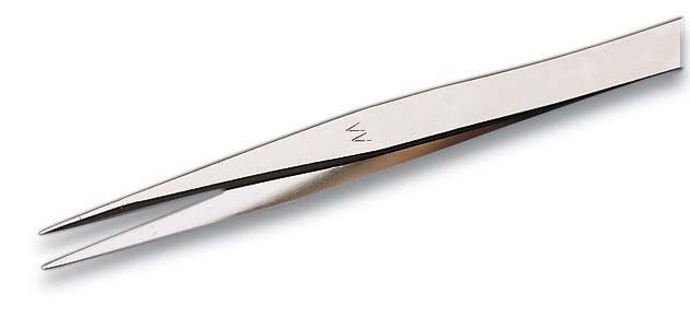 Precision tweezers with medium-pointed tips, nickel-plated.