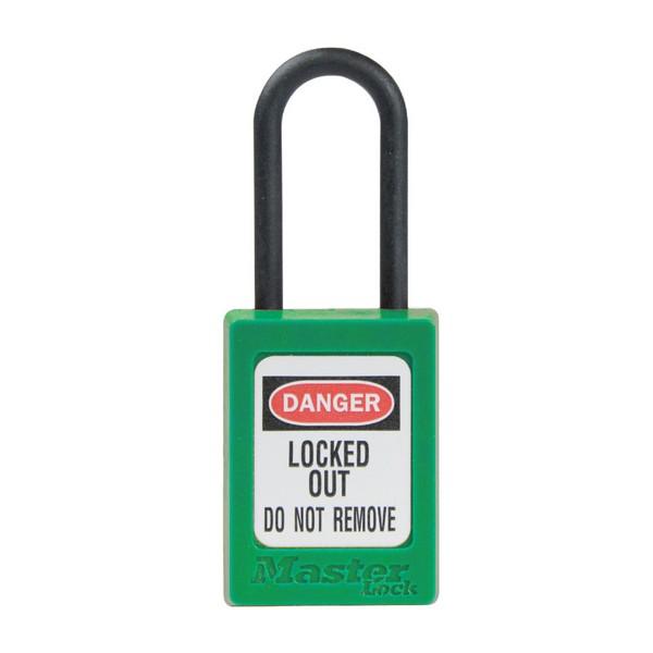 Green dielectric Zenex thermoplastic safety padlock, 35mm wide with 38mm tall nylon shackle