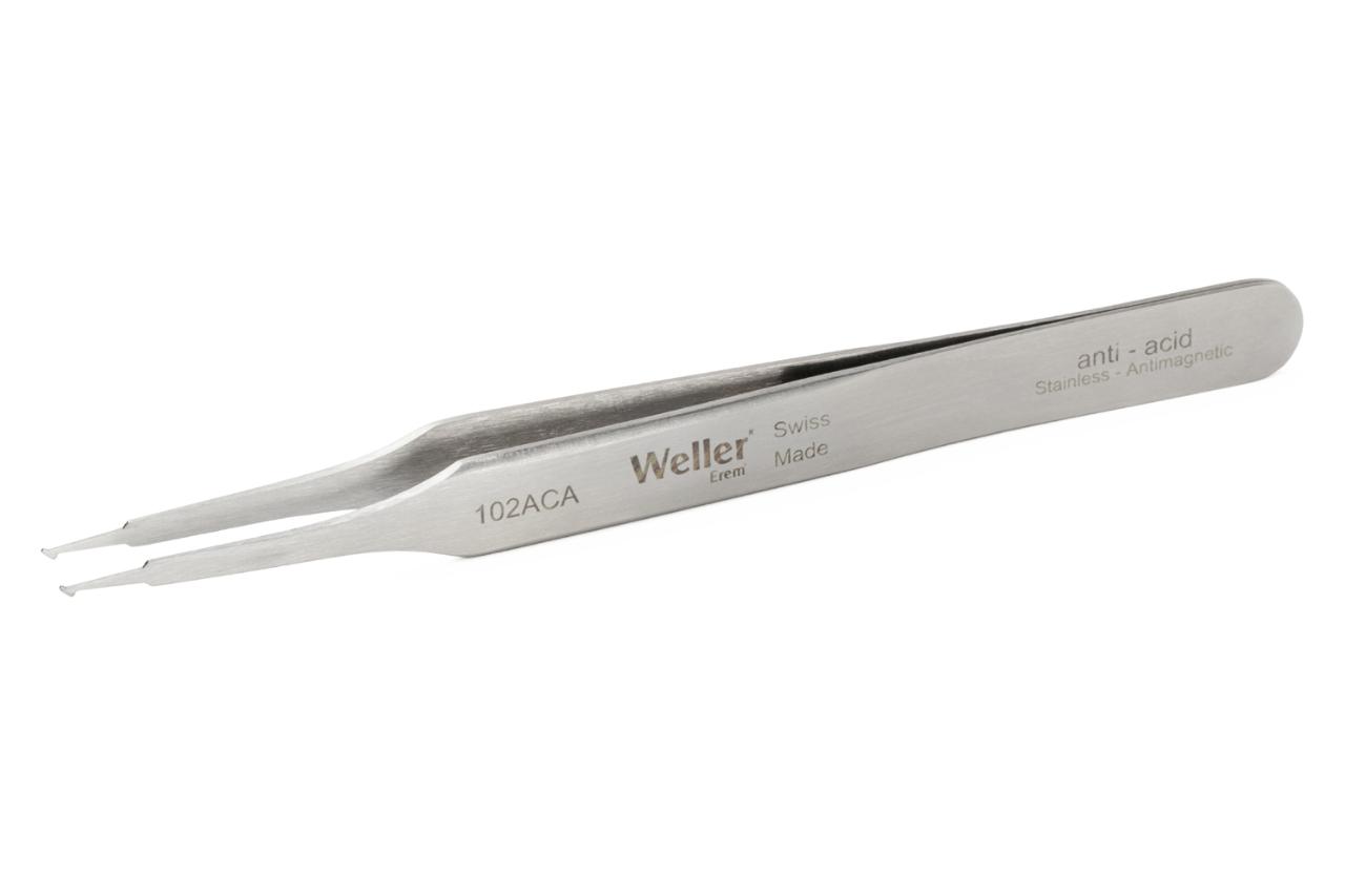 SMD tweezers, angled 45°, with pointed tips for vertical application.