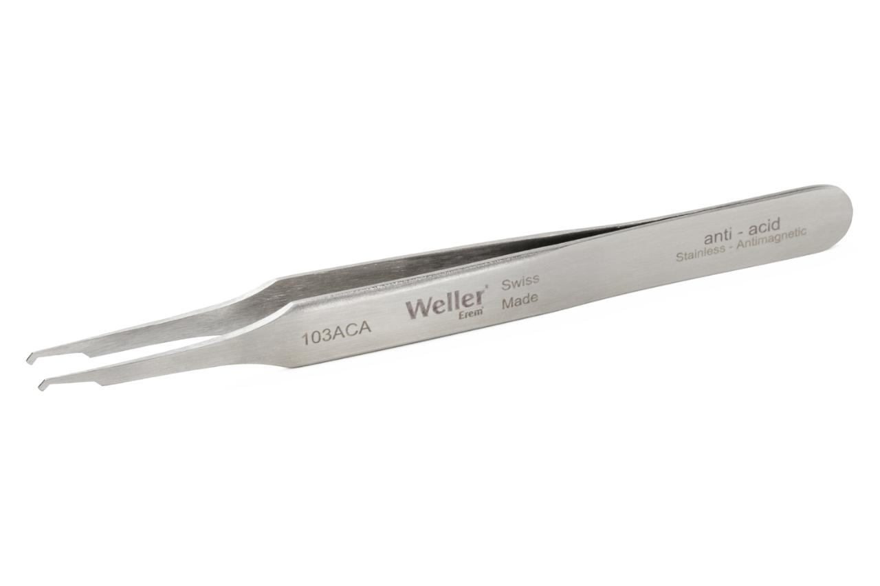 SMD tweezers, angled 45°, with slightly wider tips than 102ACA, for vertical application.