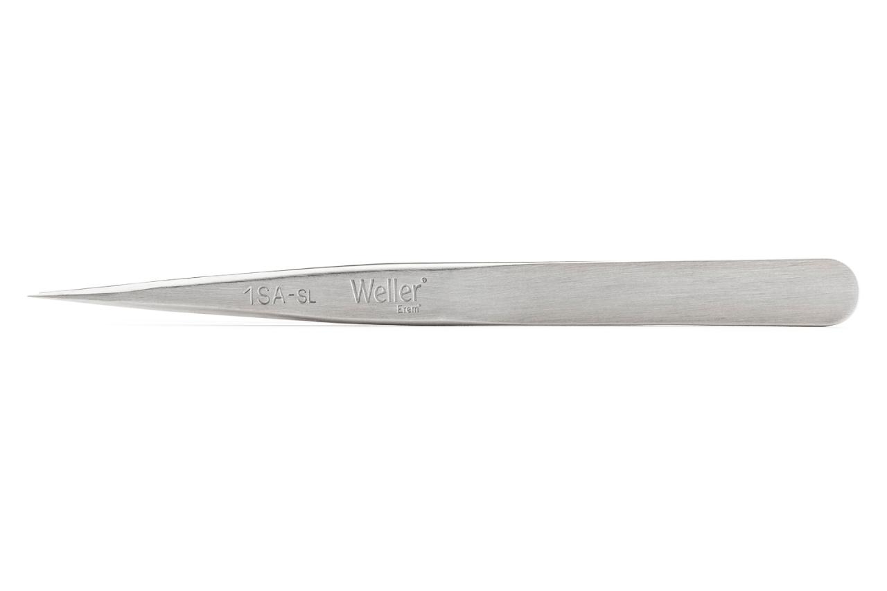 Precision tweezers with pointed tips for standard applications.