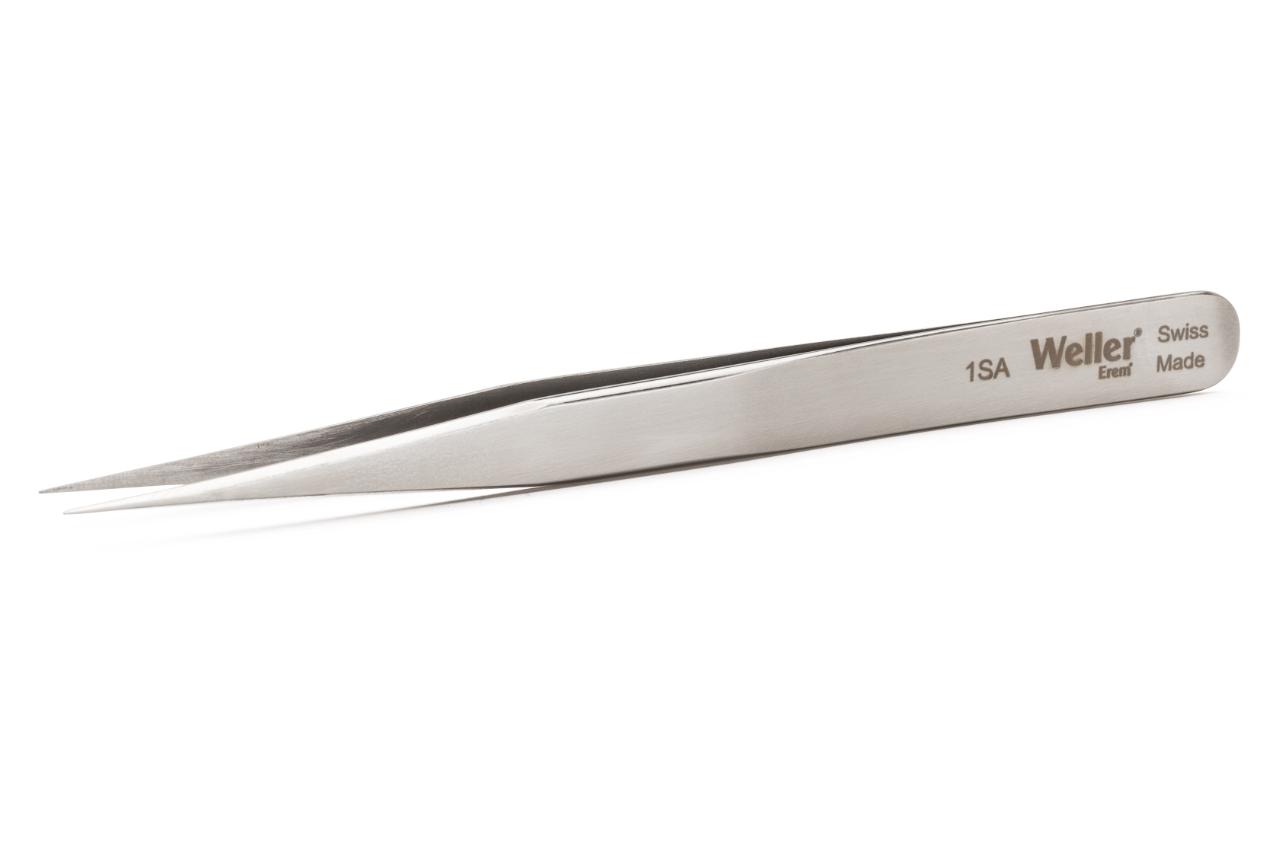 Precision tweezers with pointed tips for standard applications.