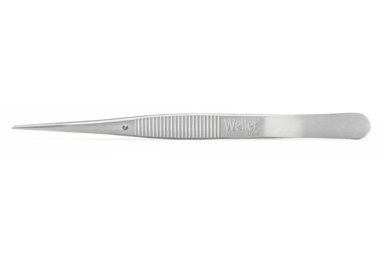 Precision tweezers with serrated finger grips and inside-serrated tips for secure handling. Guide pin to avoid overlapping of tips. For precise bending and holding of components or wires.