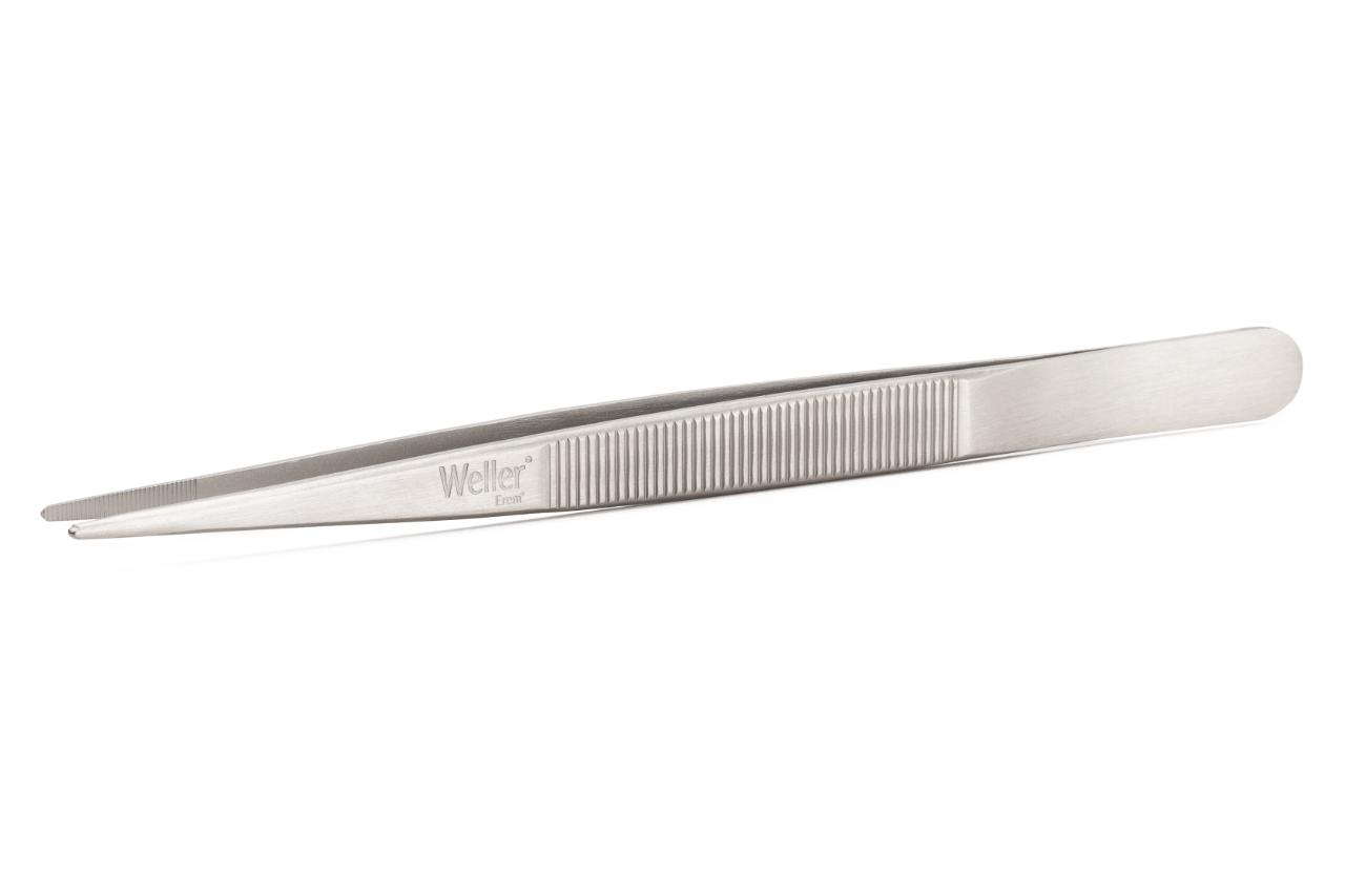 Precision tweezers with medium-pointed tips and serrated finger grips and inside-serrated tips for secure handling. Very robust. The long grips allow precision work close to heat sources.