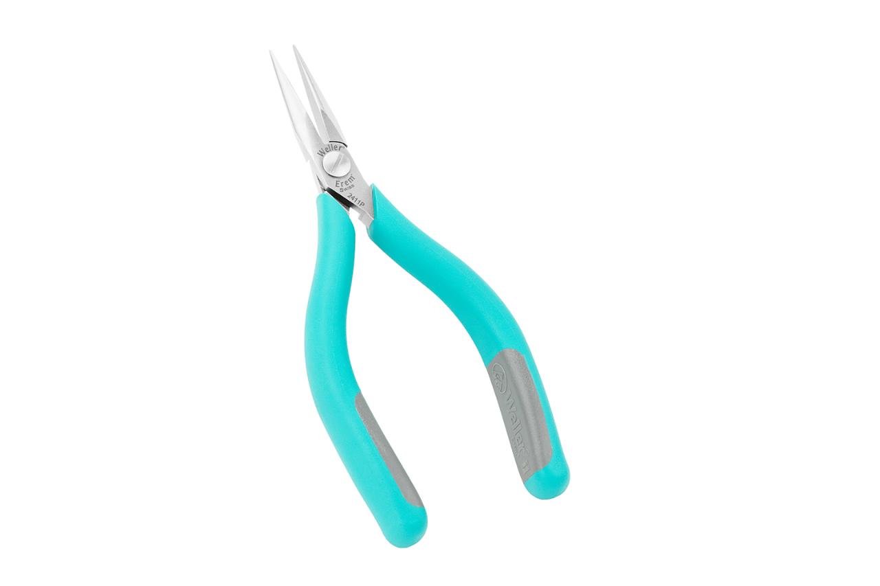 Needle nose pliers with very precise, smooth and half-rounded jaws.