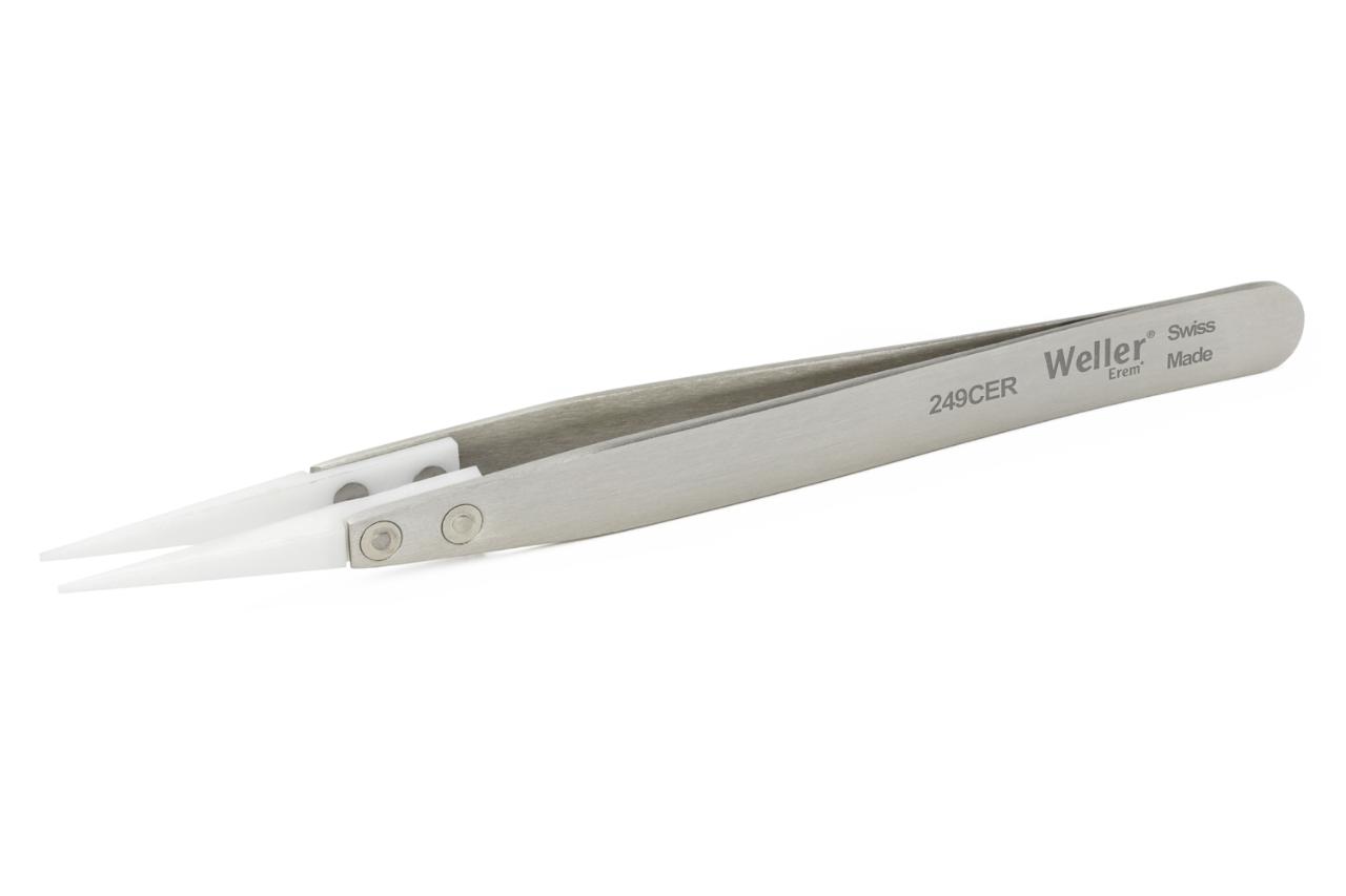 Precision tweezers with ceramic tips and serrated finger grips for secure handling.