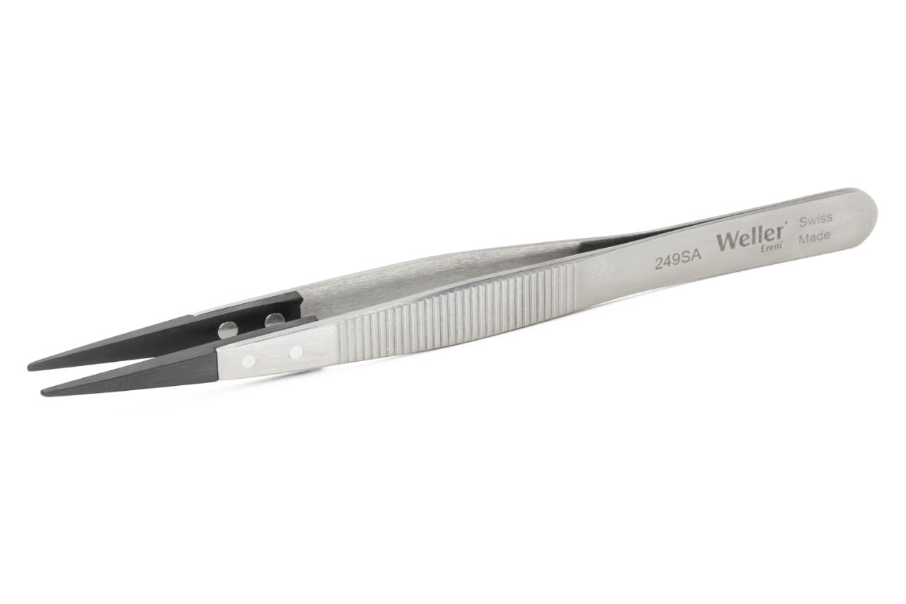 Precision tweezers with pointed synthetic tips (PPS) and serrated finger grips for secure handling.