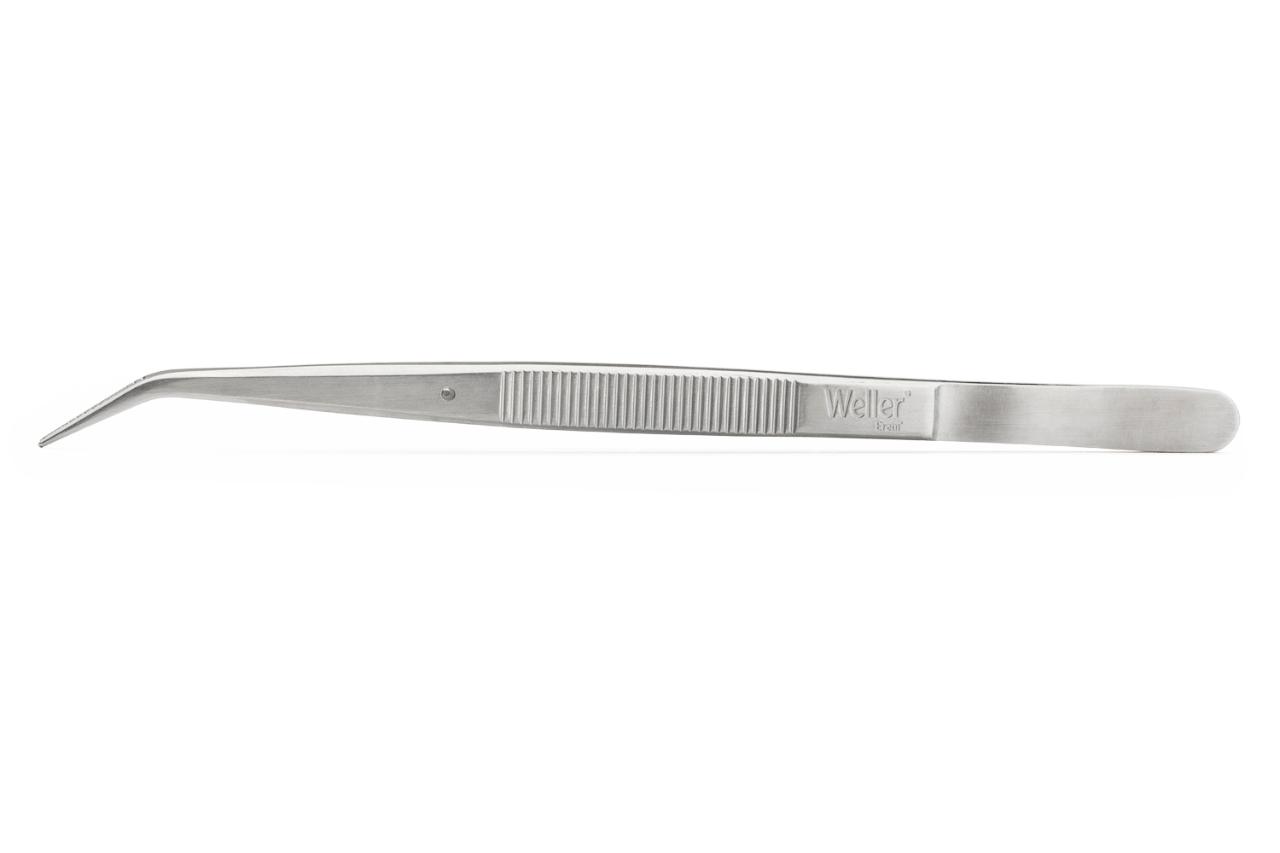 Precision tweezers, curved 40°, with robust pointed tips.