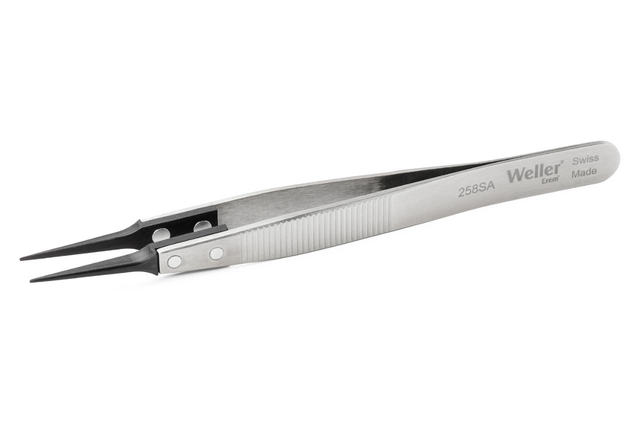 Precision tweezers with pointed synthetic tips (PPS) and serrated finger grips for secure handling.