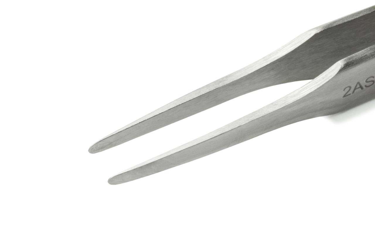 Precision tweezers with flat rounded tips for gripping components.