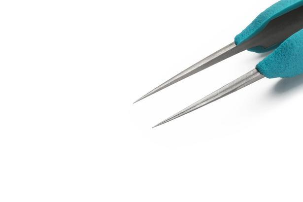 Ergonomic precision tweezers with straight, very pointed tips for gripping fine wires.