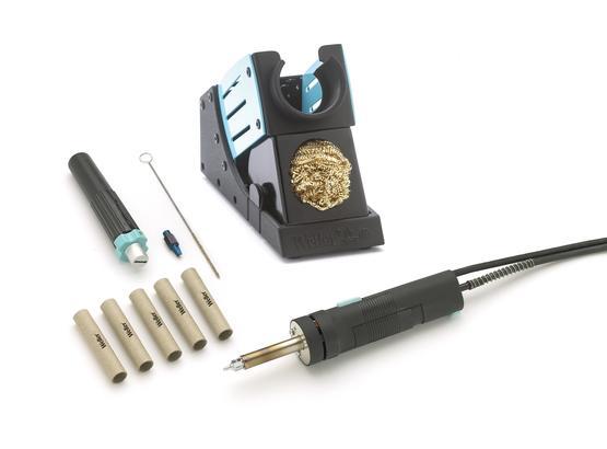 Inline desoldering iron for vertical applications, with safety rest.