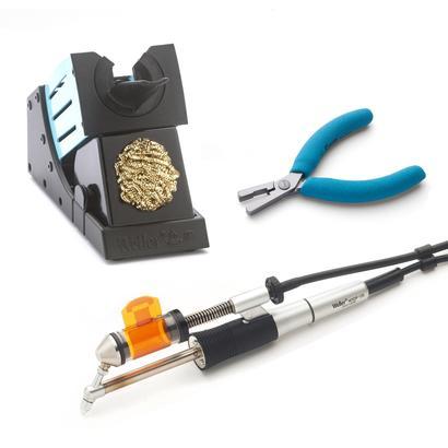 Desoldering iron set for horizontal applications, with safety rest