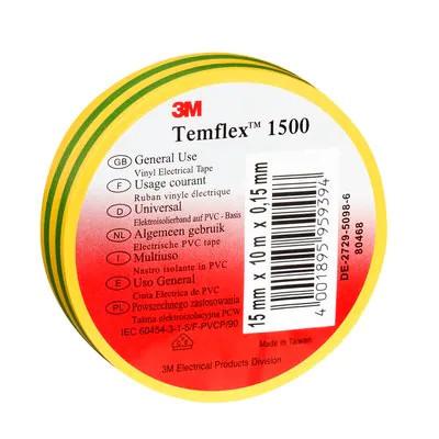 3M™ Temflex™ 1500 vinyl tape for insulation and marking. 0.15 mm thick. 15mm x 10m yellow/green