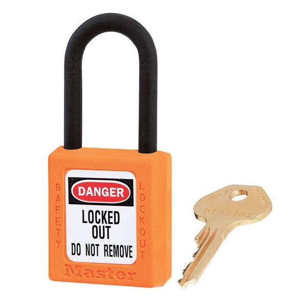 Orange dielectric Zenex thermoplastic safety padlock, 38mm wide with 38mm tall nylon shackle